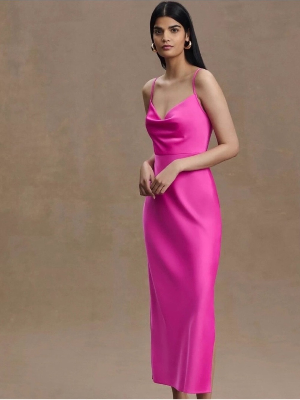 BHLDN Cali Satin Cowl-Neck Midi Slip Dress in Hot Pink